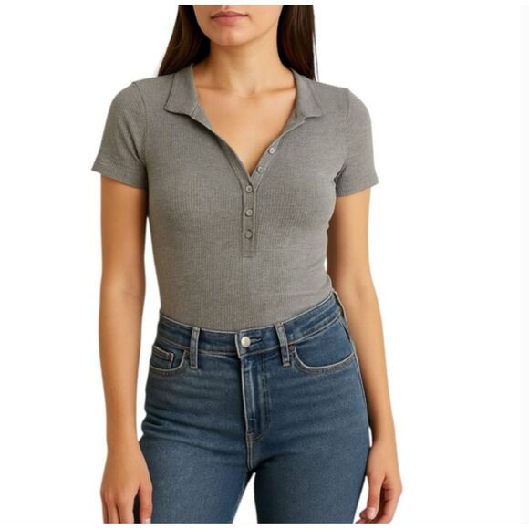 Every Gray Ribbed Henley Bodysuit Size S - Picture 1 of 5